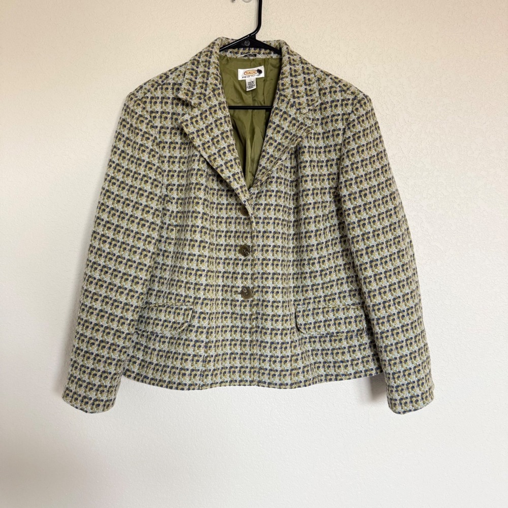 Talbots Vintage Woman Petite Wool Italian Fabric Blazer Green Tweed Plaid Jacket